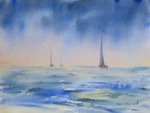 seascape, sea, ocean, waves, wind, storm, boat, sailboat, original watercolor painting, oberst